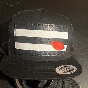 Snapback Hat with Black and White Stripes and Red Lips